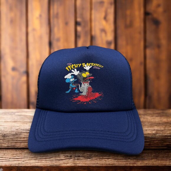 The Itchy And Scratchy Show Mens Trucker Hat Navy The Simpsons Funny Parody Cap - Picture 1 of 4
